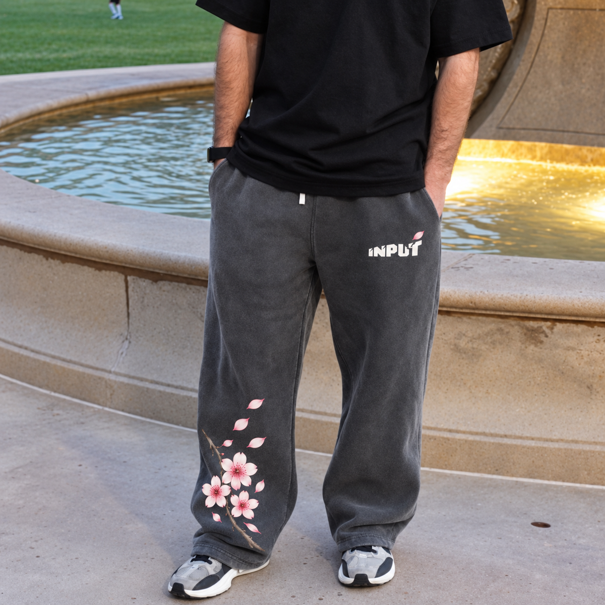 Cherry Blossom Fleece Sweatpants, On body