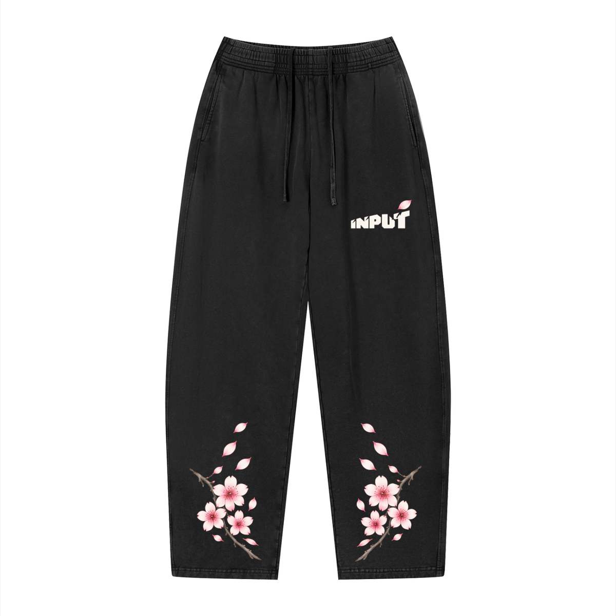 Front of the black INPUT Cherry Blossom Loose sweatpants, with pink blossom artwork