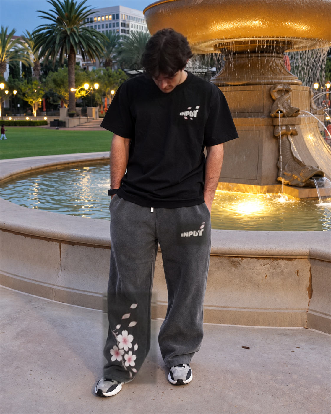 Black Cherry Blossom tee and pants, Fleece / Front