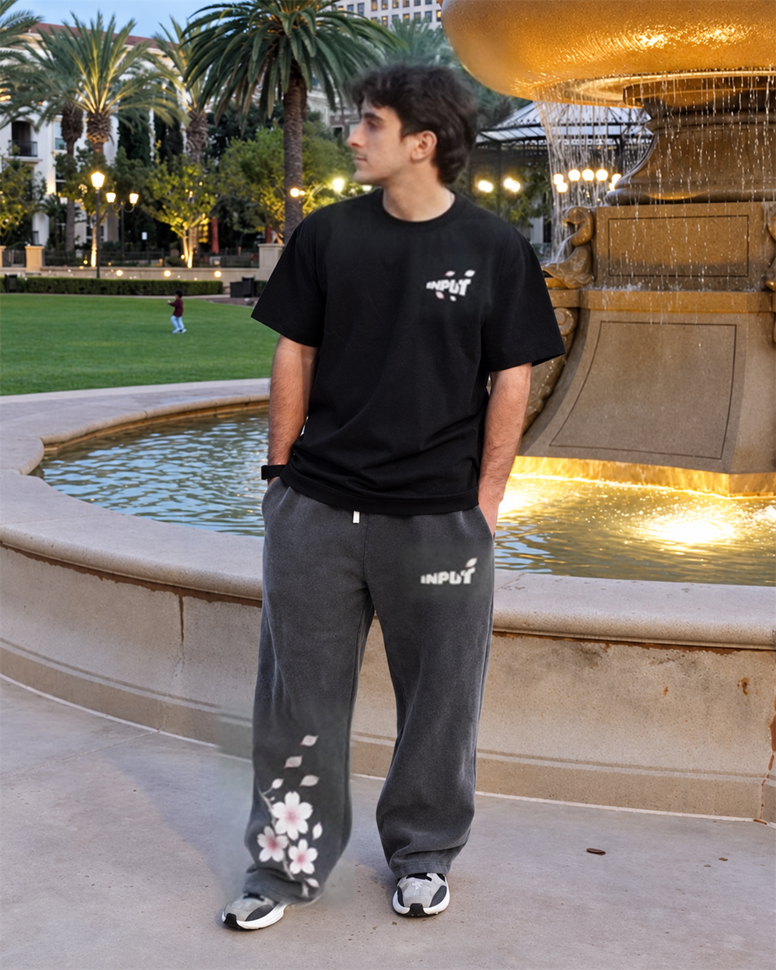 Black Cherry Blossom tee and pants, Fleece / Plaza