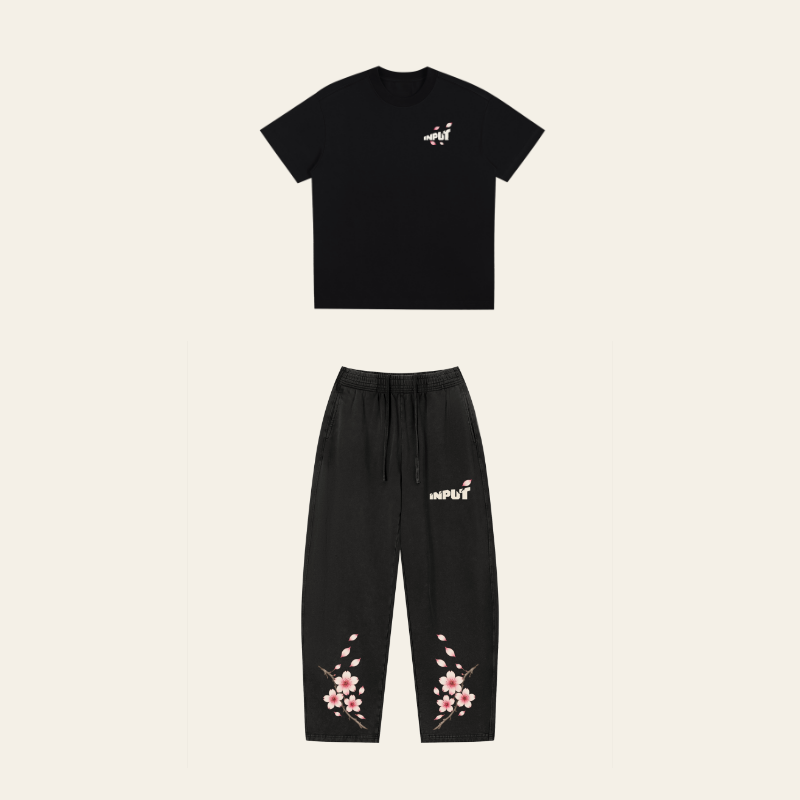 Cherry Blossom set mockup, Black tee above Loose sweatpants