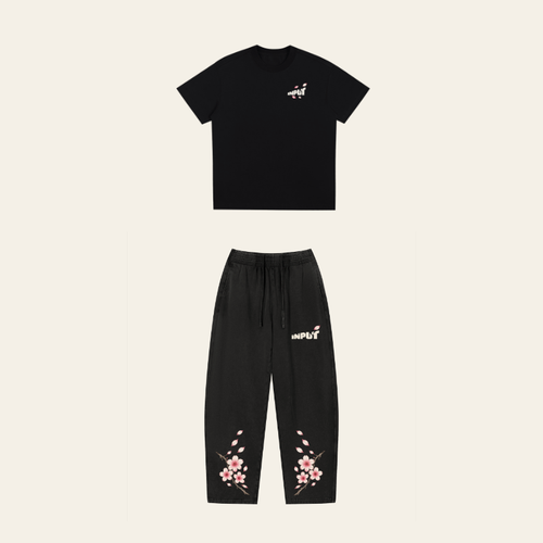 Cherry Blossom set mockup, Black tee above Loose sweatpants