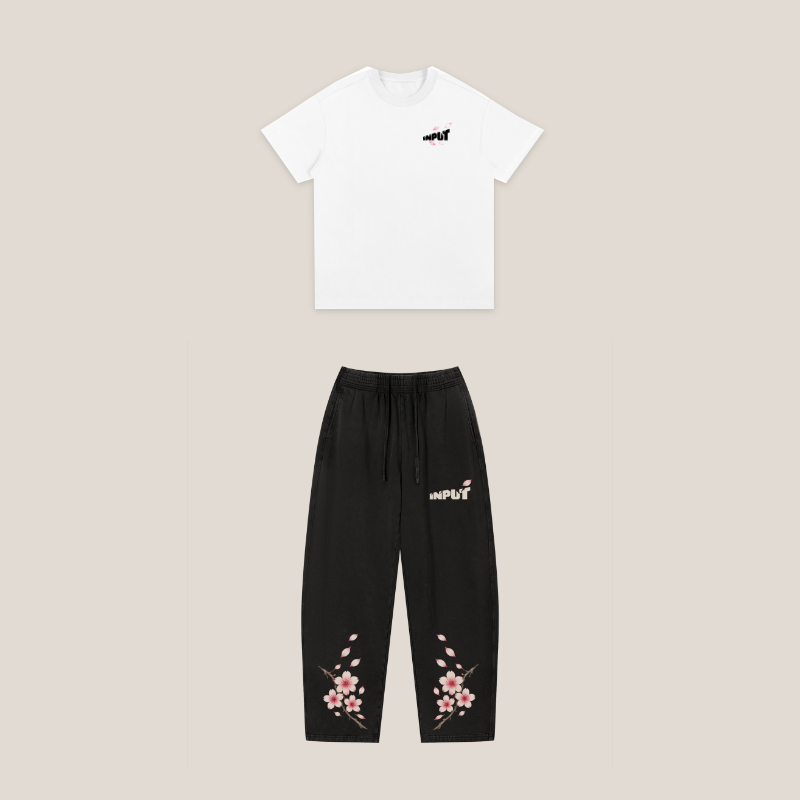 Cherry Blossom set mockup, White tee above Loose sweatpants